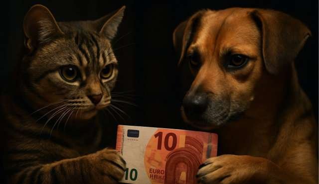 10 euro lenen. Een kat die een hond 10 euro leent.