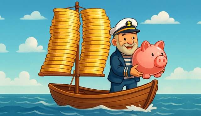 Boot financieren. Een vrolijke kapitein die met een grote spaarvarken in de hand op een kleine zeilboot staat, terwijl een reusachtige stapel munten als zeilen fungeert.