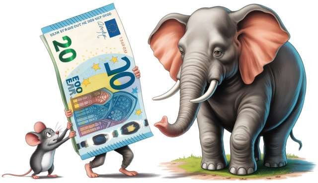 20 euro lenen. Een gigantische eurobiljet van 20 euro met armpjes en beentjes, dat zich een beetje ongemakkelijk laat overhandigen van een nerveuze muis aan een zelfverzekerde olifant.