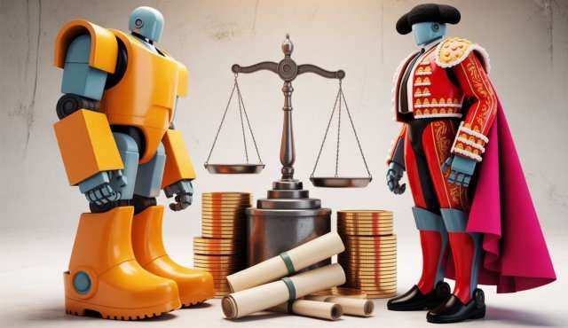 De Nederlandse kredietmaatschappij vs Santander. Twee reuzenrobots, één in oranje klompen en de ander in een rood Spaans stierenkostuum, die tegenover elkaar staan met stapels munten, contractrollen en een weegschaal tussen hen in.