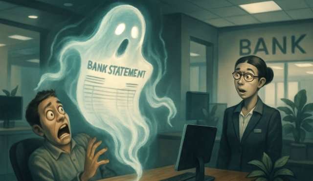 Lening afgewezen door bankafschrift? Een bankafschrift dat verandert in een spook en de klant bang maakt, terwijl de bankmedewerker met opgetrokken wenkbrauwen toekijkt.