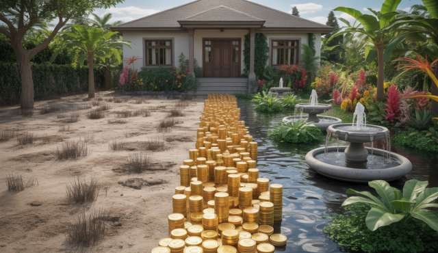 Lening voor tuin. Een tuin vol planten die eruitzien als eurobiljetten en munten, terwijl een gelukkige tuinier met een kruiwagen vol bankbiljetten de tuin binnenrijdt.