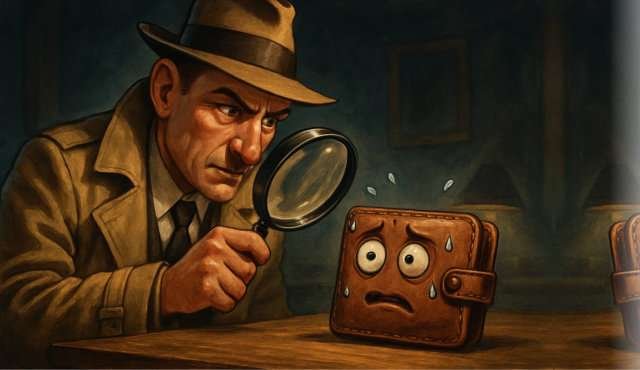 krediet check. Een detective met vergrootglas die een portemonnee onderzoekt, terwijl de portemonnee nerveus terugkijkt en zweetdruppels krijgt.