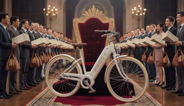 Lening elektrische fiets. Een elektrische fiets die als een koning op een troon zit, terwijl mensen in de rij staan met stapels contracten en muntzakken om hem te mogen lenen.