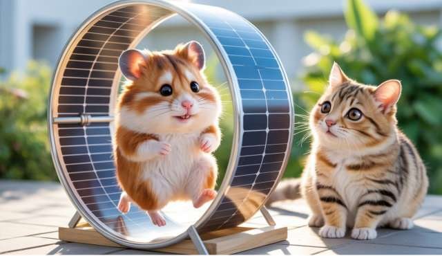 Een batterij met een hamster, die in een looprad van zonnepanelen rent om zichzelf op te laden, terwijl een nieuwsgierige kat toekijkt.