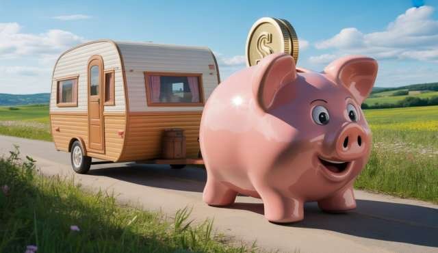 Caravan financieren. Een caravan die wordt voorgetrokken door een spaarvarken.