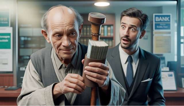 Geld lenen boven 75 jaar. Een opa met een wandelstok die een dikke stapel bankbiljetten in zijn wandelstok verstopt, terwijl een verbaasde bankier toekijkt.