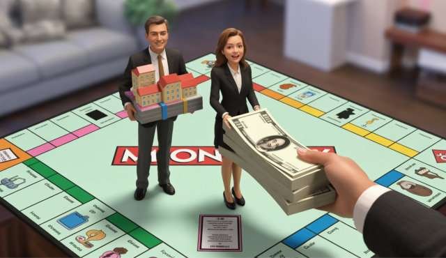Geld lenen voor uitkopen partner. Vrouw en man op monopoly bord.
